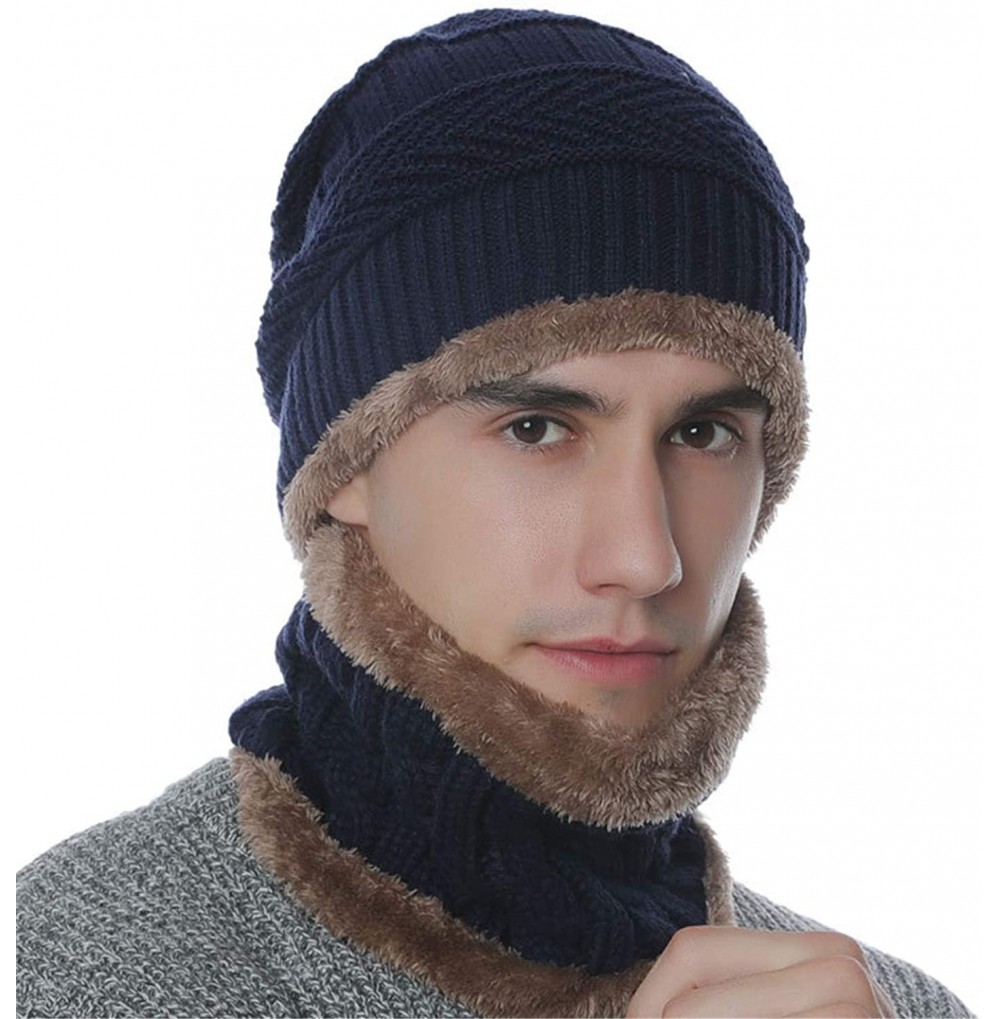 Skullies & Beanies Winter Hat Warm Thick Beanie Hat Scarf Set Knitted Hat for Men Women - Navy Set - C118HUWZRGM