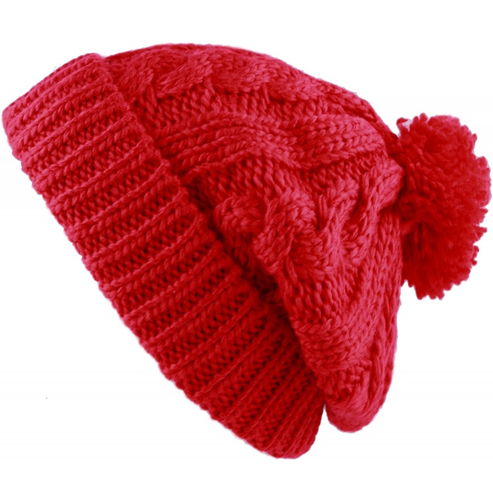 Skullies & Beanies Women Winter Oversized Chunky Thick Stretchy Knitted Pom Pom Beanie Fleece Lined Beanie Hat - 1. Curly Red...