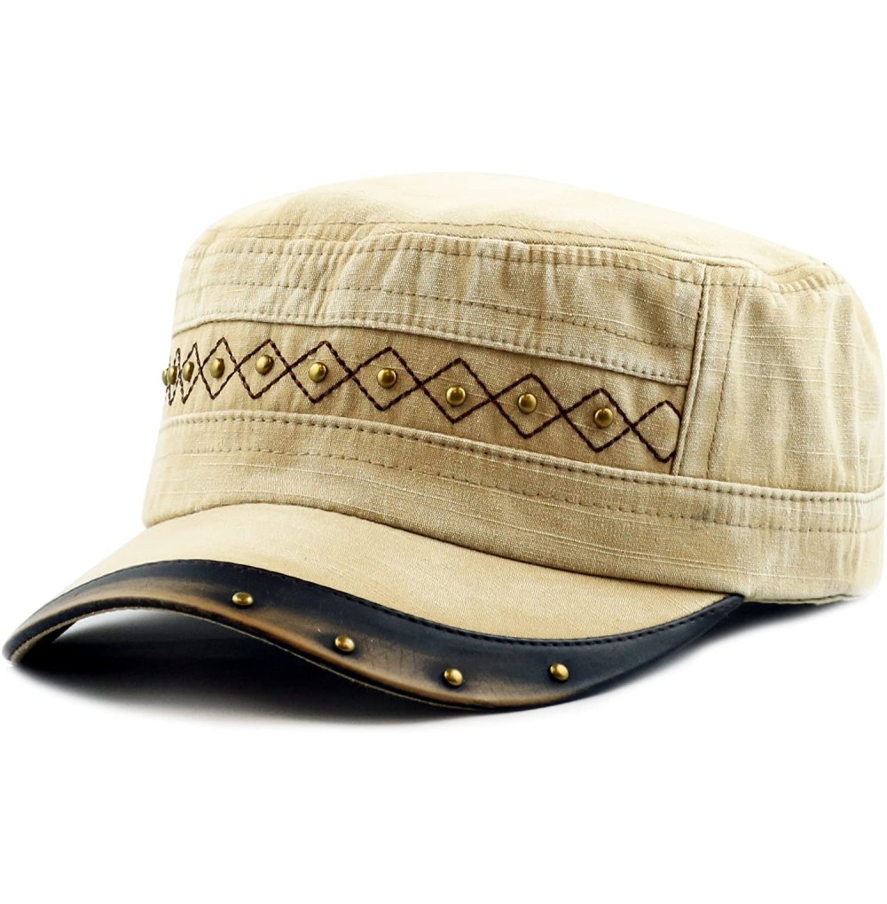 Baseball Caps Cadet Cap- Light Weight Cotton Leather Accent Washed Military Hat - Khaki - CG125IZGXKT