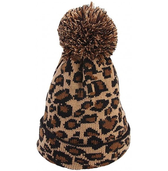 Skullies & Beanies Faux Fur Ball Hat Fashion Women Leopard Winter Warm Crochet Knitted Hat Cap Beanie - Coffee - C018KAS082Z