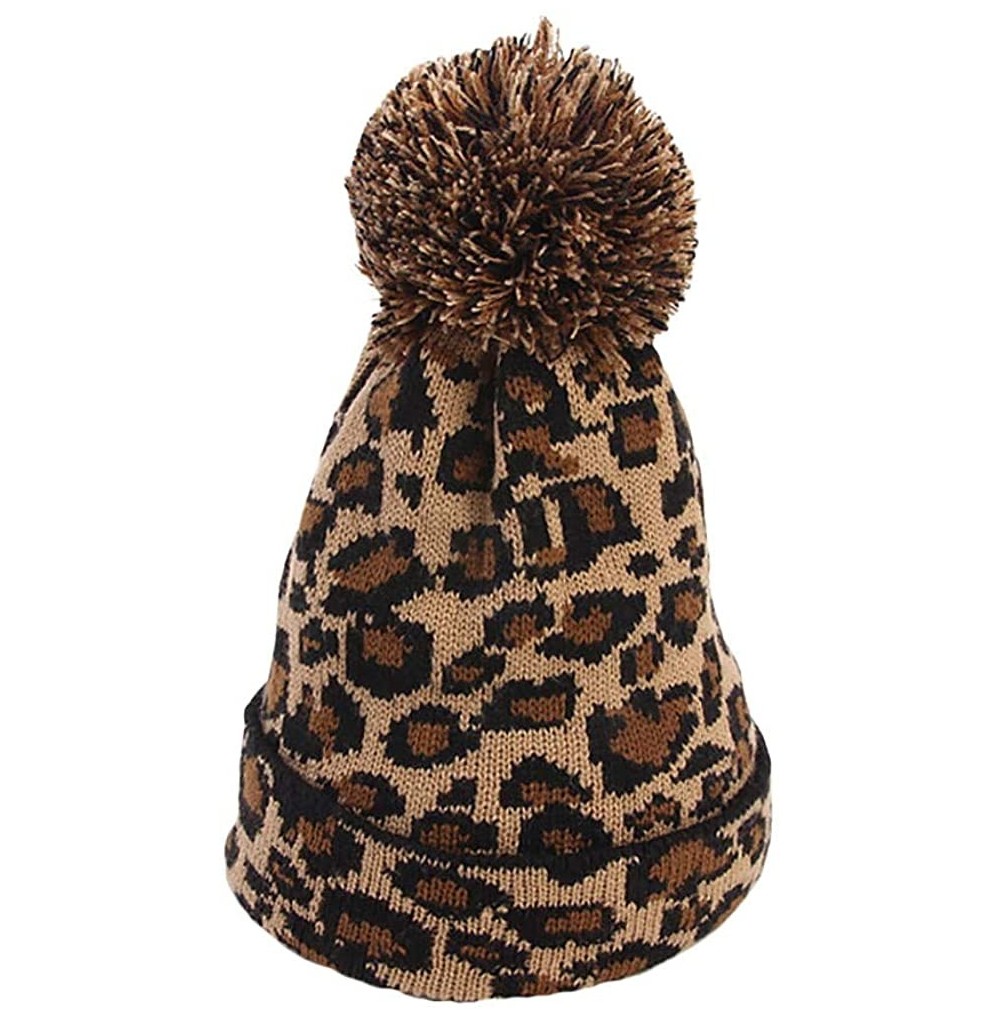 Skullies & Beanies Faux Fur Ball Hat Fashion Women Leopard Winter Warm Crochet Knitted Hat Cap Beanie - Coffee - C018KAS082Z