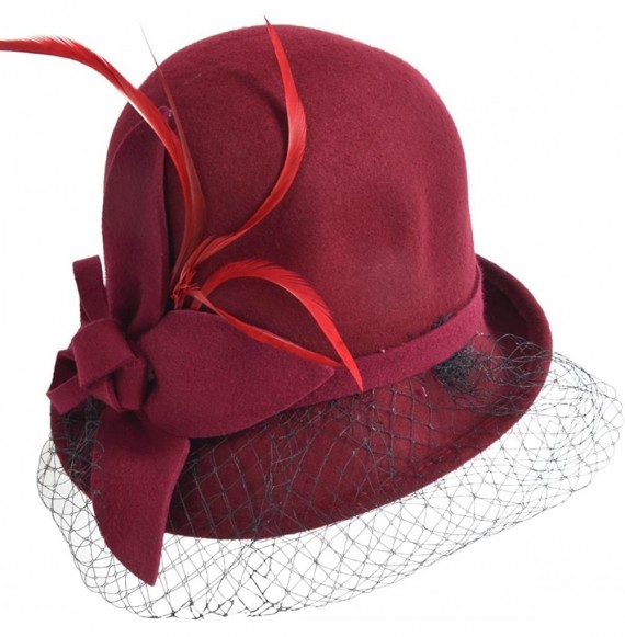 Bucket Hats Women's Wool Church Dress Cloche Hat Plumy Felt Bucket Winter Hat - Veil-claret - C712NEKG6QP