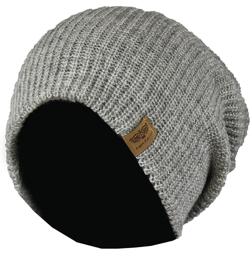 Skullies & Beanies Reversible Winter Knit Slouchy Beanie Hat - Hipster Unisex Knitted Slouch Cap - Light Grey/Black - CS1876S...
