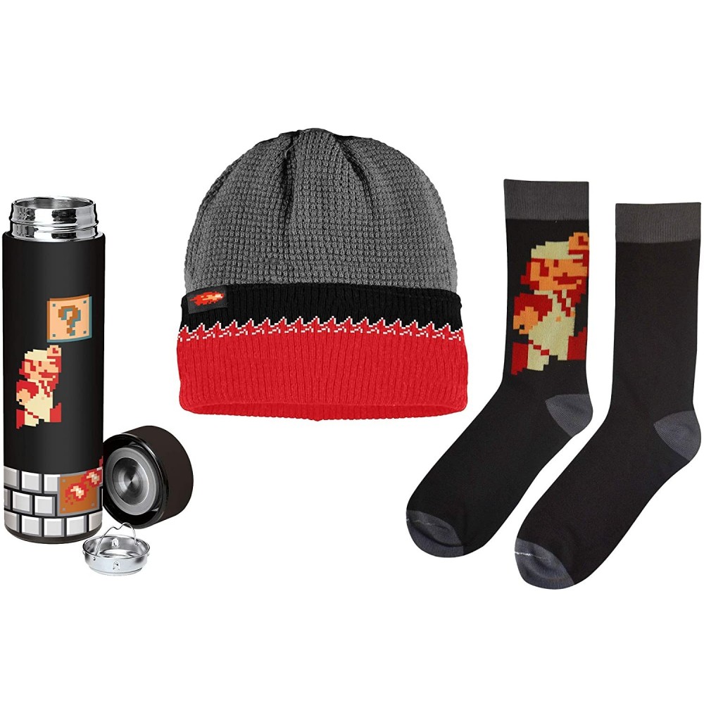 Skullies & Beanies Dungeon Super Mario Bros Classic 3 Piece Fire Lava Socks- Beanie- and Stainless Steel Water Bottle Gift Bu...