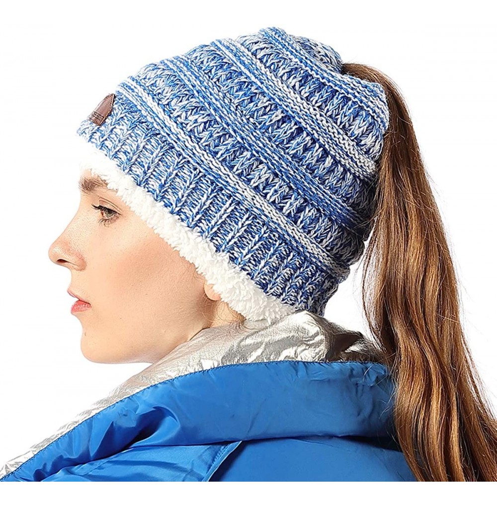 Skullies & Beanies Womens Ponytail Beanie Hats Warm Fuzzy Lined Soft Stretch Cable Knit Messy High Bun Cap - Sky Blue Mix - C...