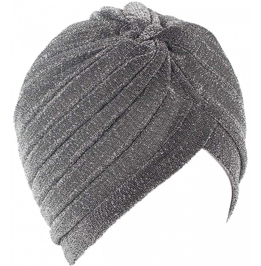Sun Hats Shiny Turban Hat Headwraps Twist Pleated Hair Wrap Stretch Turban - Silver Paillette - C2198H7506T