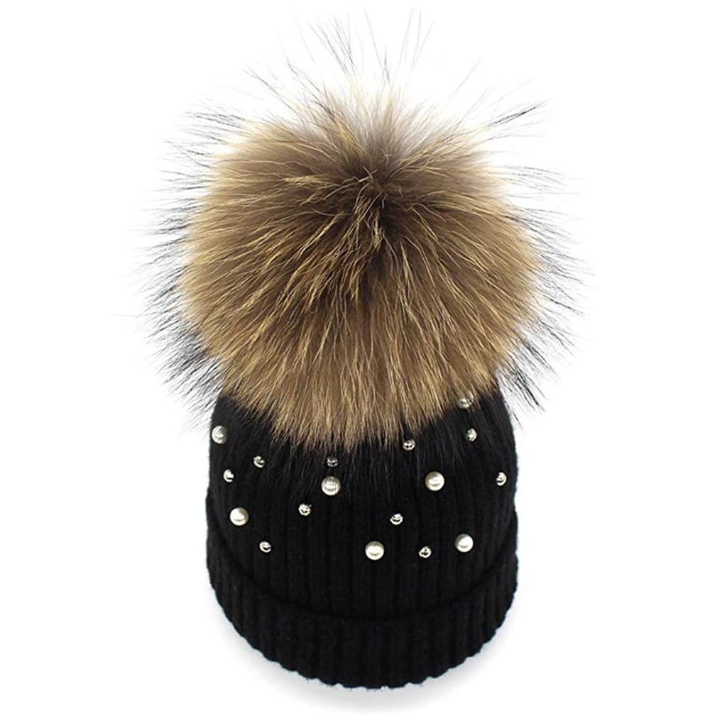 Skullies & Beanies Girls Winter Knitted Beanie Hat Real Fur Pom Pearls Womens Warm Cap - Black - CJ18KA66NGN