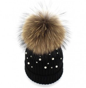 Skullies & Beanies Girls Winter Knitted Beanie Hat Real Fur Pom Pearls Womens Warm Cap - Black - CJ18KA66NGN