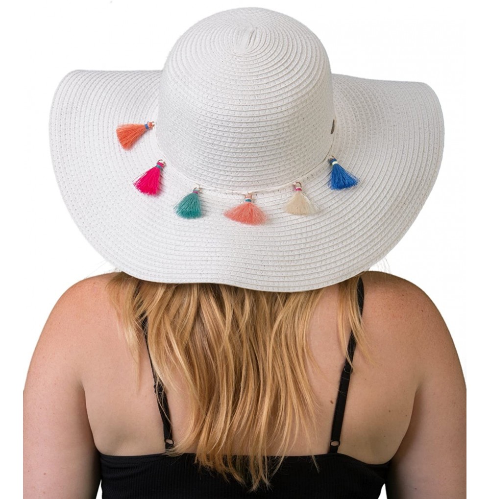 Sun Hats Women's Pom Tassel Packable Adjustable Straw Beach Floppy Sun Hat - White W/ Multicolored Tassels - CY18EG7R6H6
