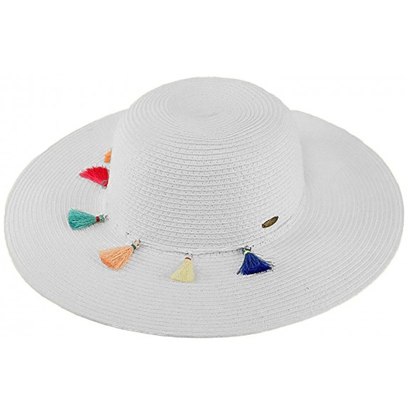 Sun Hats Women's Pom Tassel Packable Adjustable Straw Beach Floppy Sun Hat - White W/ Multicolored Tassels - CY18EG7R6H6