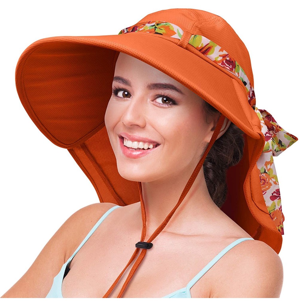 Sun Hats Womens Sun Hats Neck Flap Large Brim UV Protection Foldable Fishing Hiking Cap - Orange - CH180CQLD6R