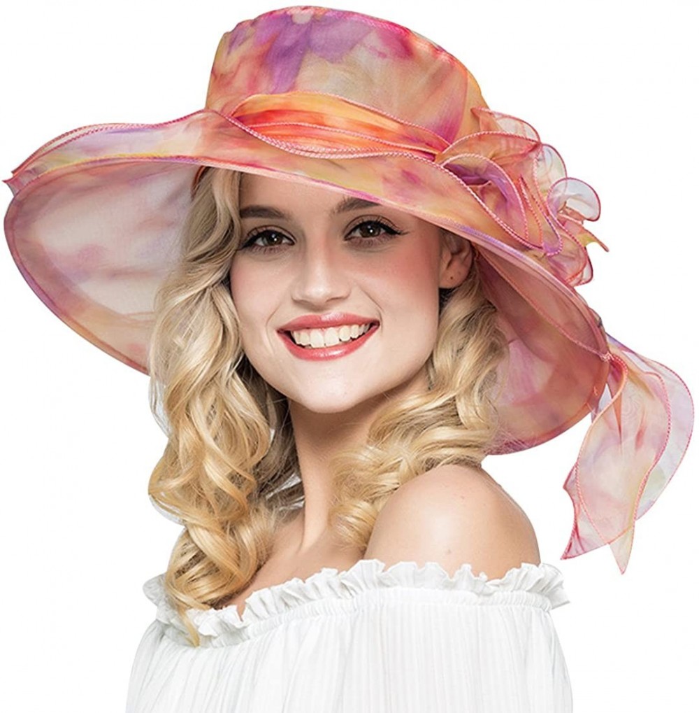 Sun Hats Women's Colorful Organza Sun Hat Wide Brim Tea Party Kentucky Derby Hat - Pink - CP1827MR35I