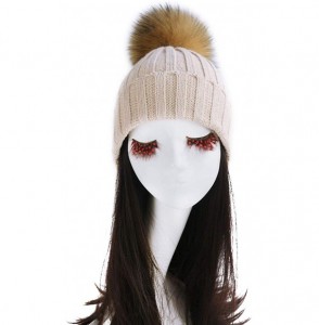 Skullies & Beanies Women Cable Knit Beanie Raccoon Fur Fuzzy Pompom Chunky Winter Stretch Skull Cap Cuff Hat - 15beige - CB18...