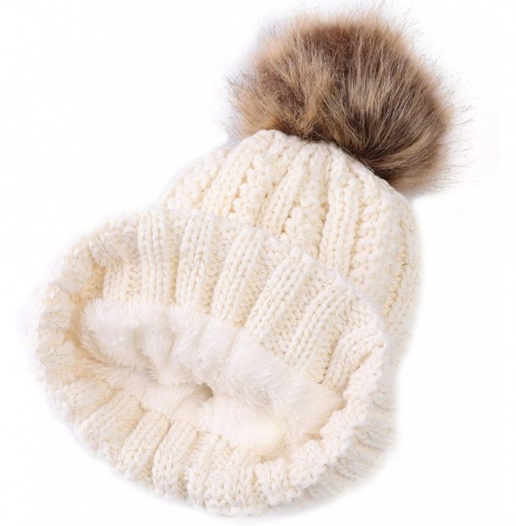 Skullies & Beanies Fleece Lined Women Winter Beanie Hats Faux Fur Pom Pom Beanie Hat - 2pcs- Beigegray - C518I5S49I4