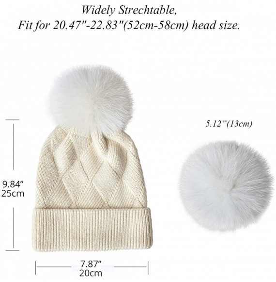 Skullies & Beanies Womens Knit Winter Beanie Hat Fur Pom Pom Cuff Warm Beanies Bobble Ski Cap - Beige+beige Fox Pom Pom - CT1...