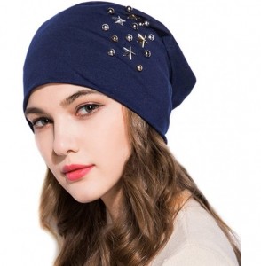 Skullies & Beanies Star Beanie Hat for Women- Pearl Bead Caps- New Spring Slouch Bonnet - Navy - CK18D6LAA9X