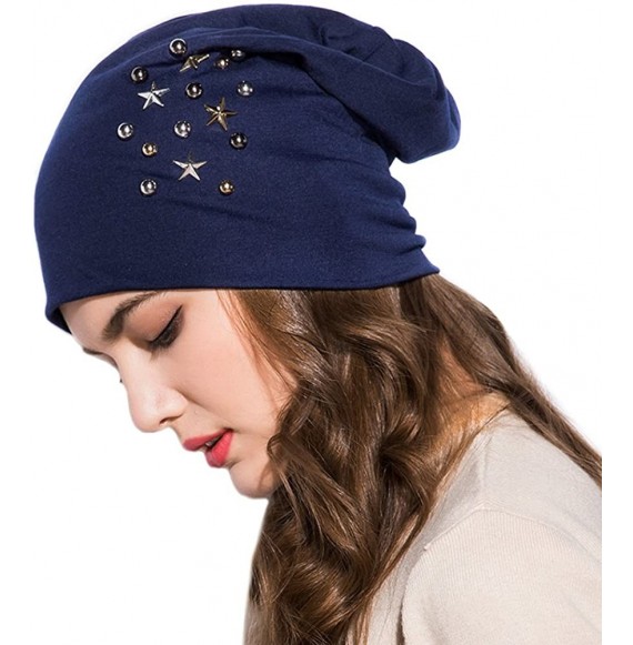 Skullies & Beanies Star Beanie Hat for Women- Pearl Bead Caps- New Spring Slouch Bonnet - Navy - CK18D6LAA9X