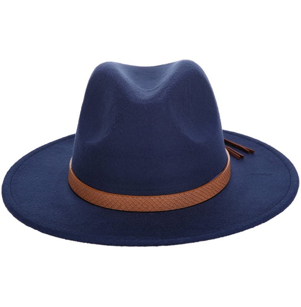 Fedoras Adult Women Men Wool Blend Fedora Hat Trilby Caps Panama Hat with Tassels Belt - Navy - C2189Y83MOA