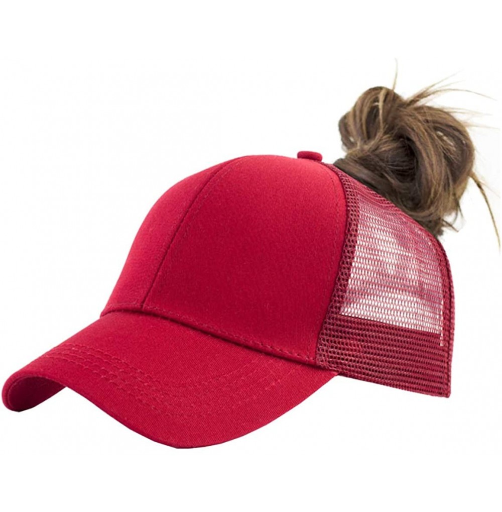 Baseball Caps Solid Ponytail Hat Baseball Cap Cotton Mesh High Bun Pony Cap Women - Red - C718R4QIDW5