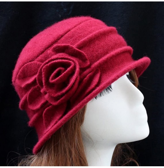 Bucket Hats Vintage Women Wool Church Cloche Flapper Hat Lady Bucket Winter Flower Cap - Red - CK189KD55W5