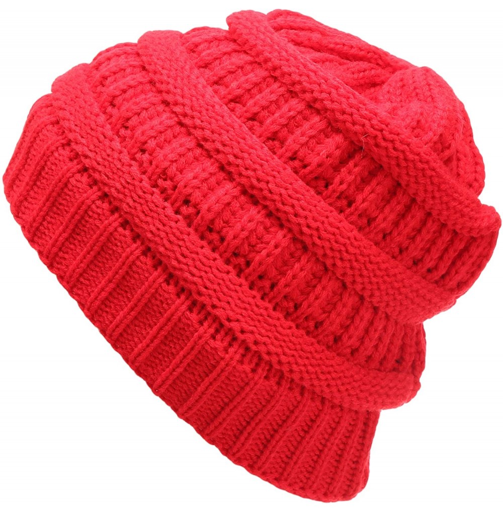 Skullies & Beanies Women's Soft Warm Stretch Ribbed Knit Winter Skull Cap Beanie Hat with Soft Sherpa Lining - Red - CS18KS2W7RD