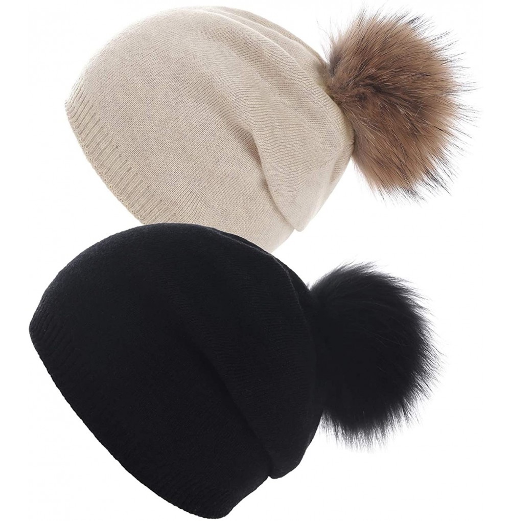Skullies & Beanies Women Knit Wool Beanie - Winter Solid Cashmere Ski Hats Real Raccoon Fur Pom Pom - 14- Black/Beige 2pcs - ...