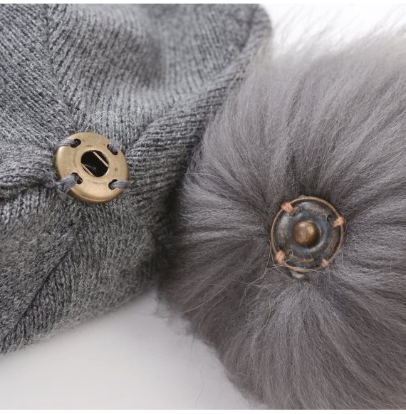 Skullies & Beanies Women Knit Wool Beanie - Winter Solid Cashmere Ski Hats Real Raccoon Fur Pom Pom - 14- Black/Beige 2pcs - ...