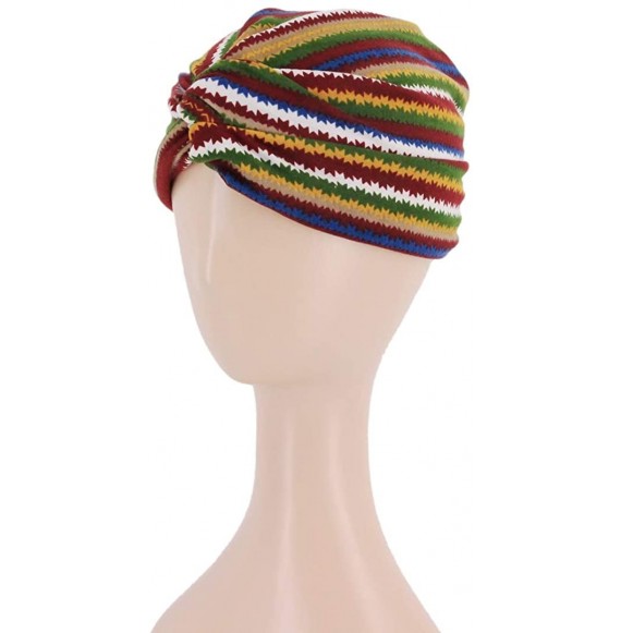 Skullies & Beanies Shiny Metallic Turban Cap Indian Pleated Headwrap Swami Hat Chemo Cap for Women - Green Striped - CM18WZIAYH6