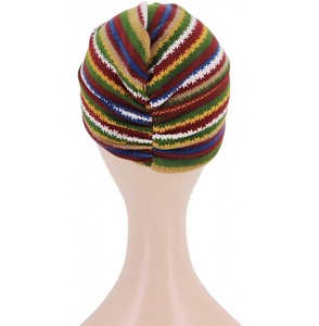 Skullies & Beanies Shiny Metallic Turban Cap Indian Pleated Headwrap Swami Hat Chemo Cap for Women - Green Striped - CM18WZIAYH6