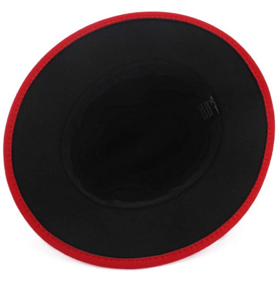 Fedoras Trend Red Black Patchwork Wool Felt Jazz Fedora Hat Casual Men Women Leather Strap Wide Brim Felt Hat Trilby - CX18WY...