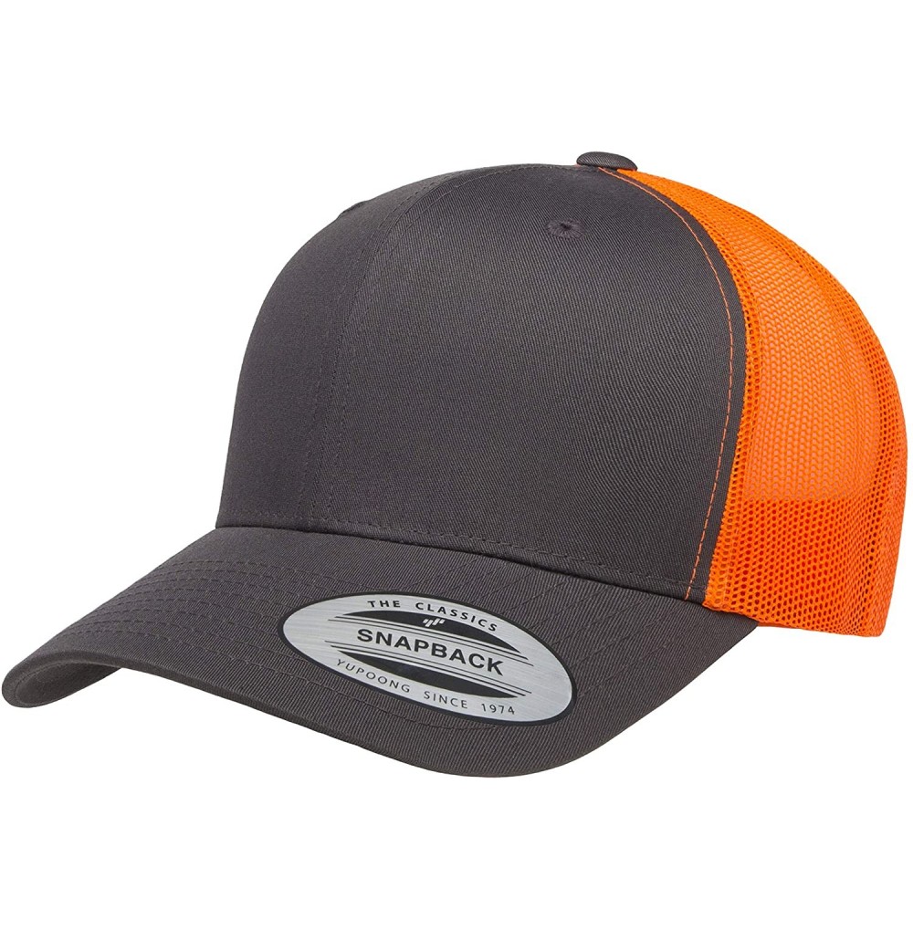 Baseball Caps Yupoong Retro Trucker Snapback Cap - Mesh Back- Adjustable Ballcap w/Hat Liner - Charcoal/Neon Orange - CK18OQX...