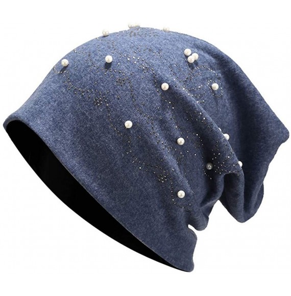 Skullies & Beanies Muslim Turbans for Womens Fashion Women Stretch Headgear Pure Color Pearl Head Scarf Wrap Hat Cap - H - C6...