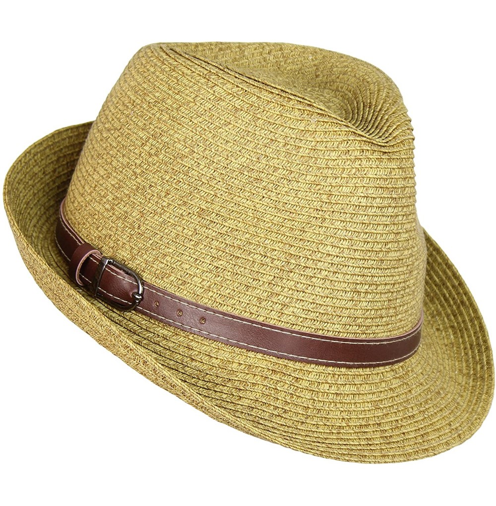 Fedoras Straw Panama Hat- Tweed Fesitival Fedora with Faux Leather Hatband- Packable - Natural Tweed - CN17YRLWDQA