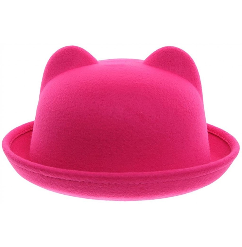 Fedoras Women Wool Felt Cat Ear Roll-up Hat Fedora Bowler Head Circumference 22.5" - Rosy - CF127E5KLOF