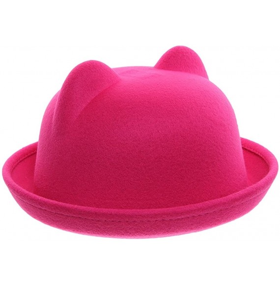 Fedoras Women Wool Felt Cat Ear Roll-up Hat Fedora Bowler Head Circumference 22.5" - Rosy - CF127E5KLOF