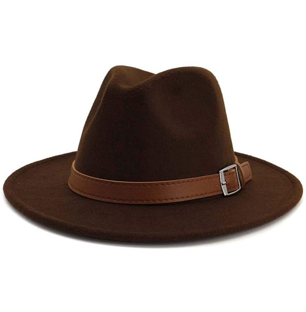 Fedoras Classic Men & Women Wide Brim Fedora Panama Hat with Belt Buckle - Brown - C318S26DH2N
