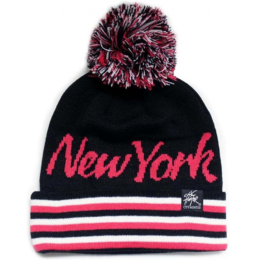 Skullies & Beanies Sk930 Stripe Script City Pom Knit Beanie Hat -New York - Black/Fushia - CP11GHE73NR