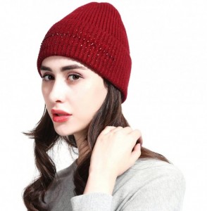 Skullies & Beanies Women's Wool Knit Fold Over Beanie Embellished with Rhinestones Winter Hat - Red - CR187GO2T6T