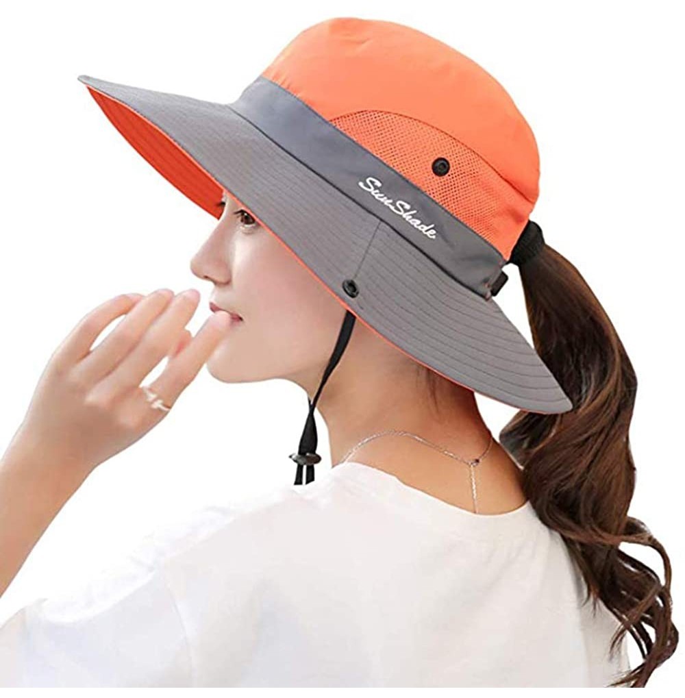 Sun Hats Ponytail Women's Summer Sun Bucket Hats UV Protection Safari Hiking Wide Brim Beach Foldable Mesh Fishing Cap - CG18...