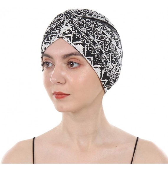 Skullies & Beanies Women's Cotton Turban Elastic Beanie Printing Sleep Bonnet Chemo Cap Hair Loss Hat - Black - CV18ZYO9AN5