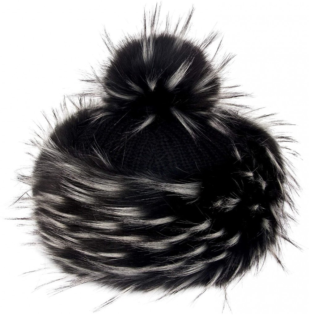 Skullies & Beanies Faux Fur Russian Hat for Women - Warm & Fun Fur Cuff Hat with Pom Pom (Black and White Raccoon) - CF1275IWGMV