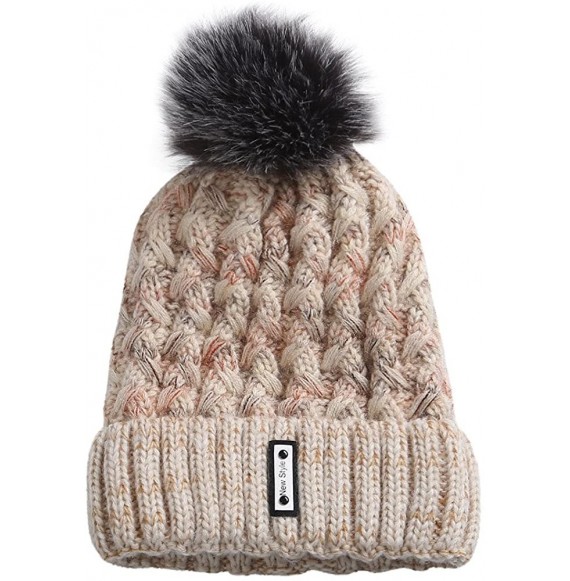 Baseball Caps Knit Caps For Women Wool Cosy Warm Beanie Winter Hat Ski Crochet Cap Pom Pom - Beige - CY18IQ8926H