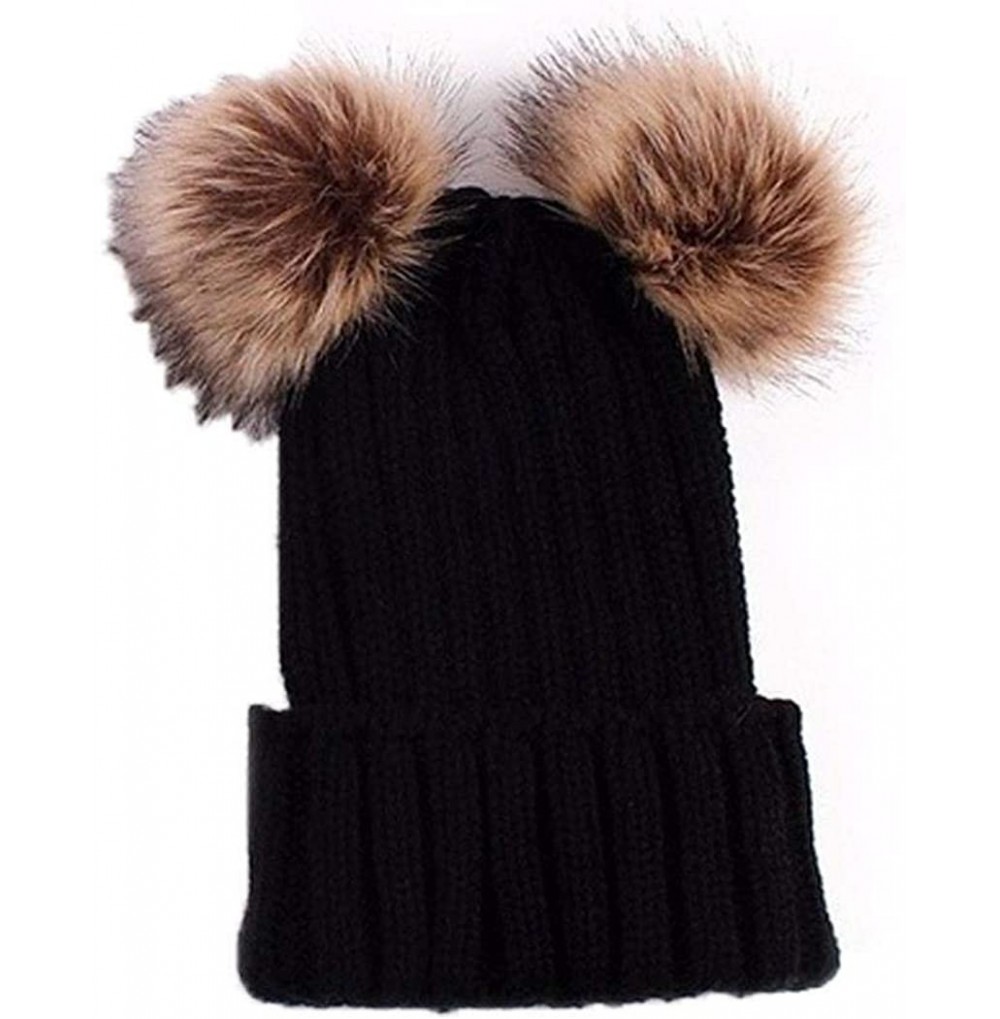 Skullies & Beanies Adults Children Double Fur Winter Casual Warm Cute Knitted Beanie Hats Hats & Caps - Black - CZ18AHKTGKY