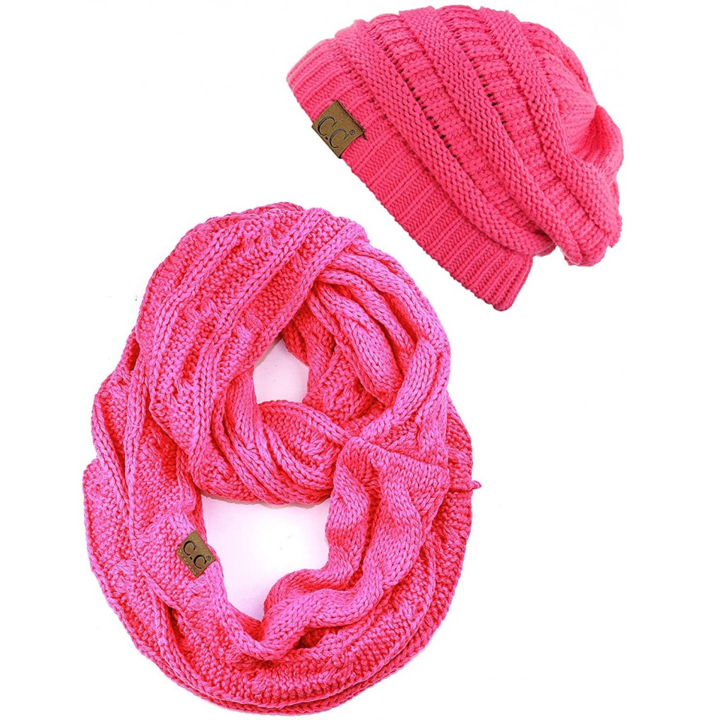 Skullies & Beanies Unisex Soft Stretch Chunky Cable Knit Beanie and Infinity Loop Scarf Set- Candy Pink - CZ18KXGW2G0