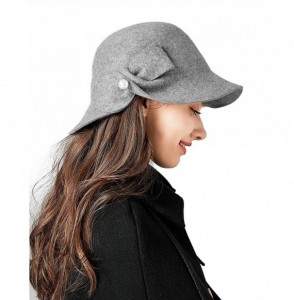 Bucket Hats Women Solid Color Winter Hat 100% Wool Cloche Bucket with Bow Accent - Pearl Style_gray - CC18Y03CUTK