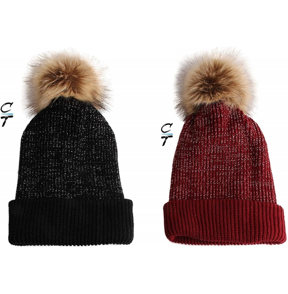 Skullies & Beanies Slouchy Faux Fur Pom Beanie Hats with Metallic Knitted Style for Extra Warmth and Comfort - Black/ Red - C...