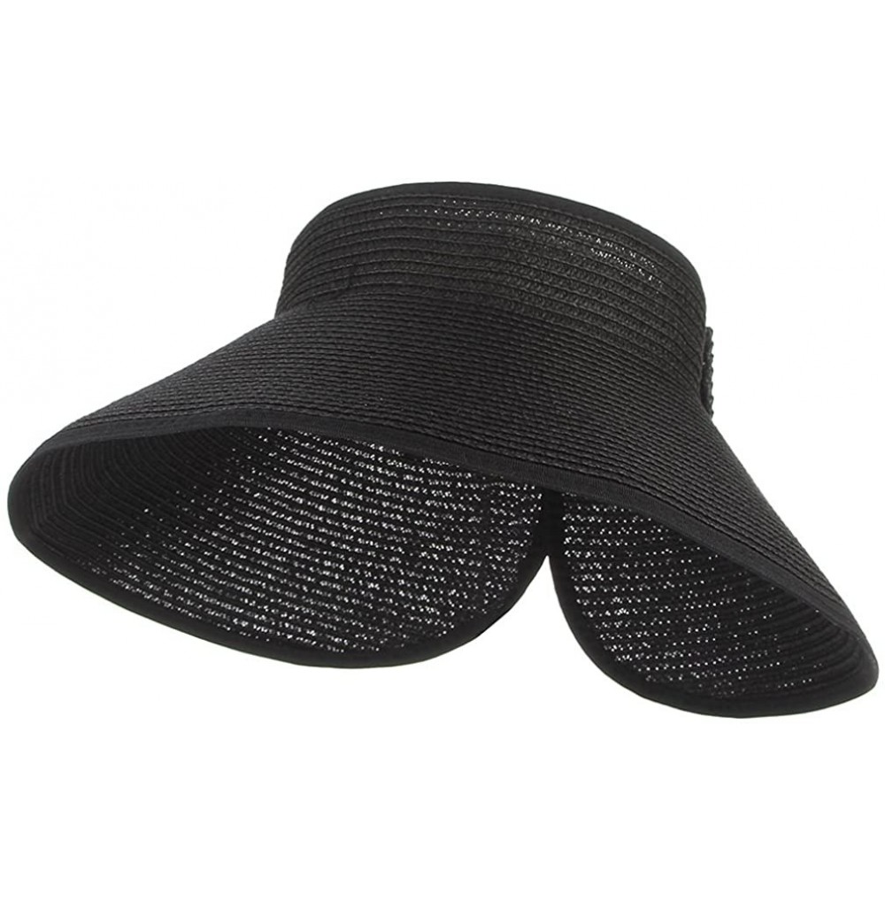 Sun Hats Women Foldable Wide Brim Straw Sun Visor Outdoor UV Proof Roll-up Open Top Hat - Black - CX18EIS4ZZI