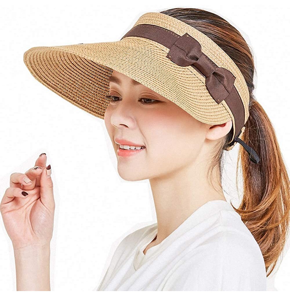 Visors Women's Summer Foldable Straw Sun Visor w/Cute Bowtie UPF 50+ Packable Wide Brim Roll-Up Visor Beach Hat - CX18RN64U95
