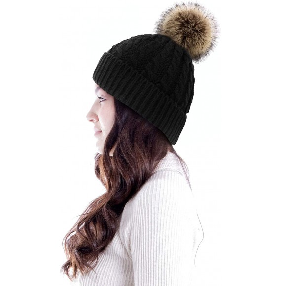 Skullies & Beanies Women's Winter Soft Knit Beanie Hat with Faux Fur Pom Pom - Lot 2_fleece Lined_black and White - CP18SCXU7LO