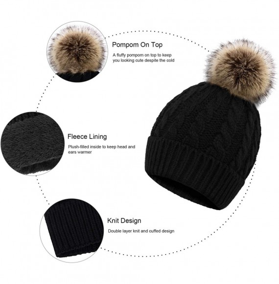 Skullies & Beanies Women's Winter Soft Knit Beanie Hat with Faux Fur Pom Pom - Lot 2_fleece Lined_black and White - CP18SCXU7LO